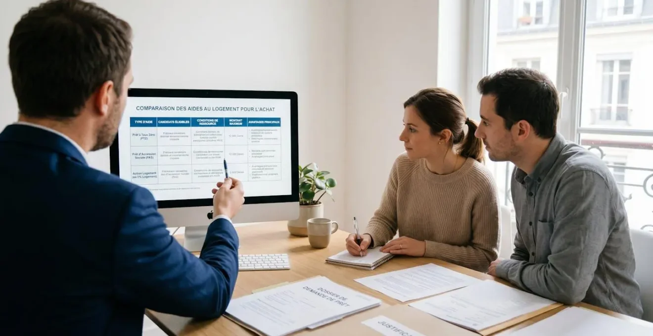 Conseiller financier présentant à un couple un tableau comparatif des prêts aidés PTZ PAS Action Logement sur écran d'ordinateur dans un bureau contemporain épuré