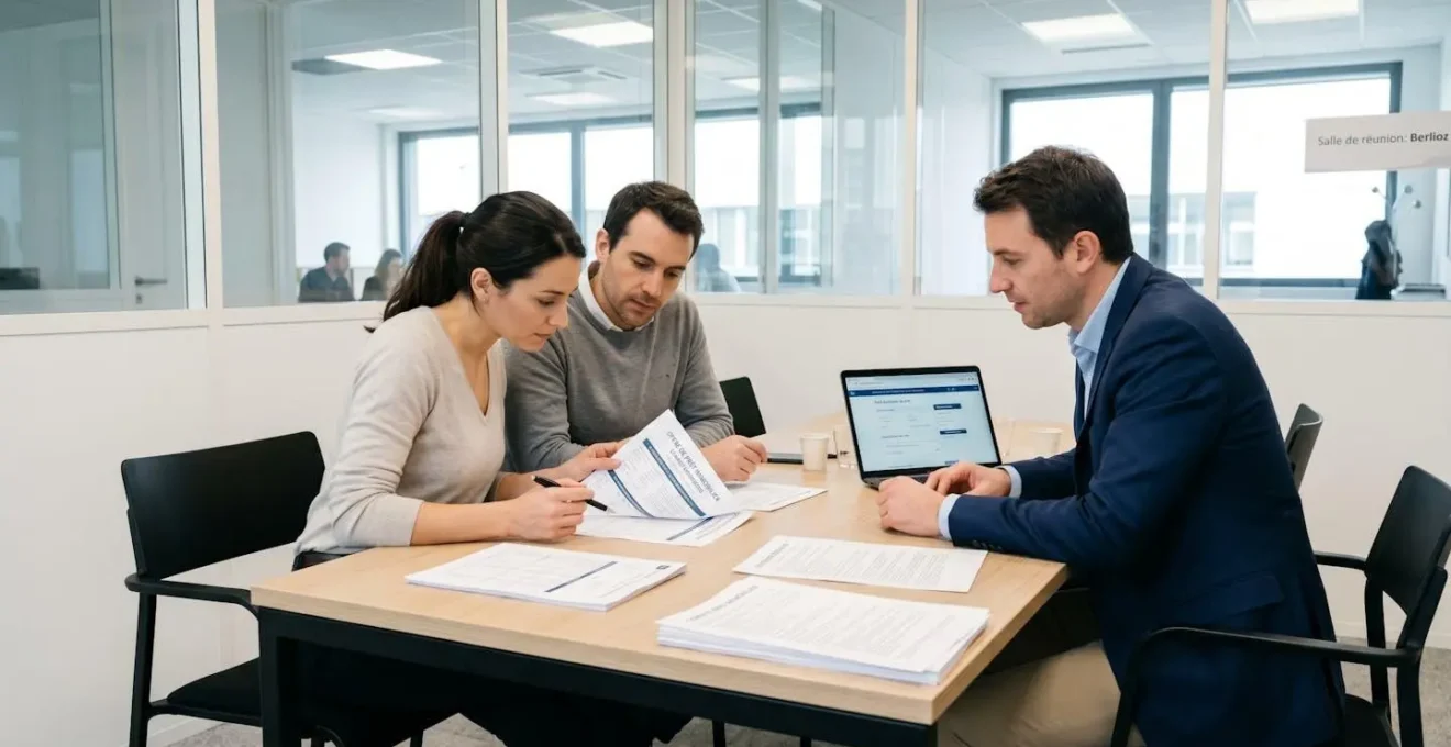 Couple d'emprunteurs et conseiller bancaire autour d'une table de réunion examinant des documents contractuels de prêt immobilier dans un bureau professionnel contemporain lumineux