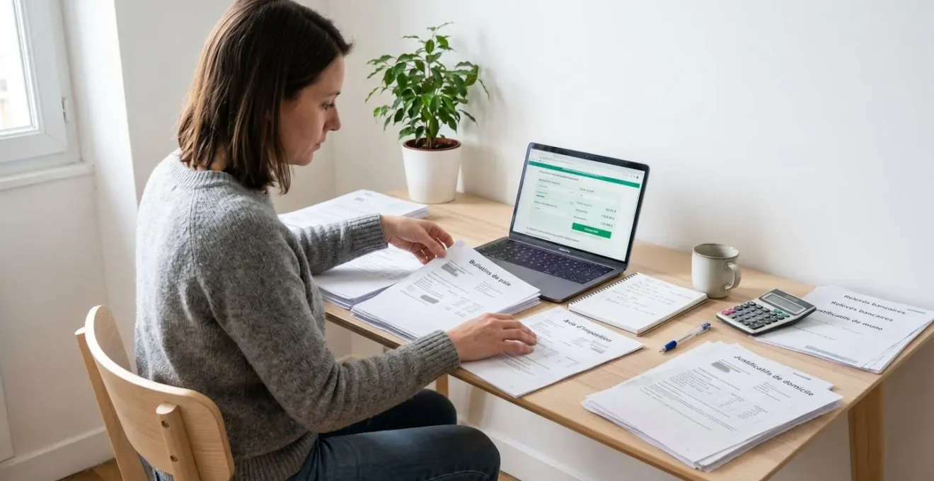 Personne de 30-40 ans organisant méthodiquement des documents administratifs de demande de prêt immobilier sur un bureau scandinave épuré avec ordinateur portable et calculatrice