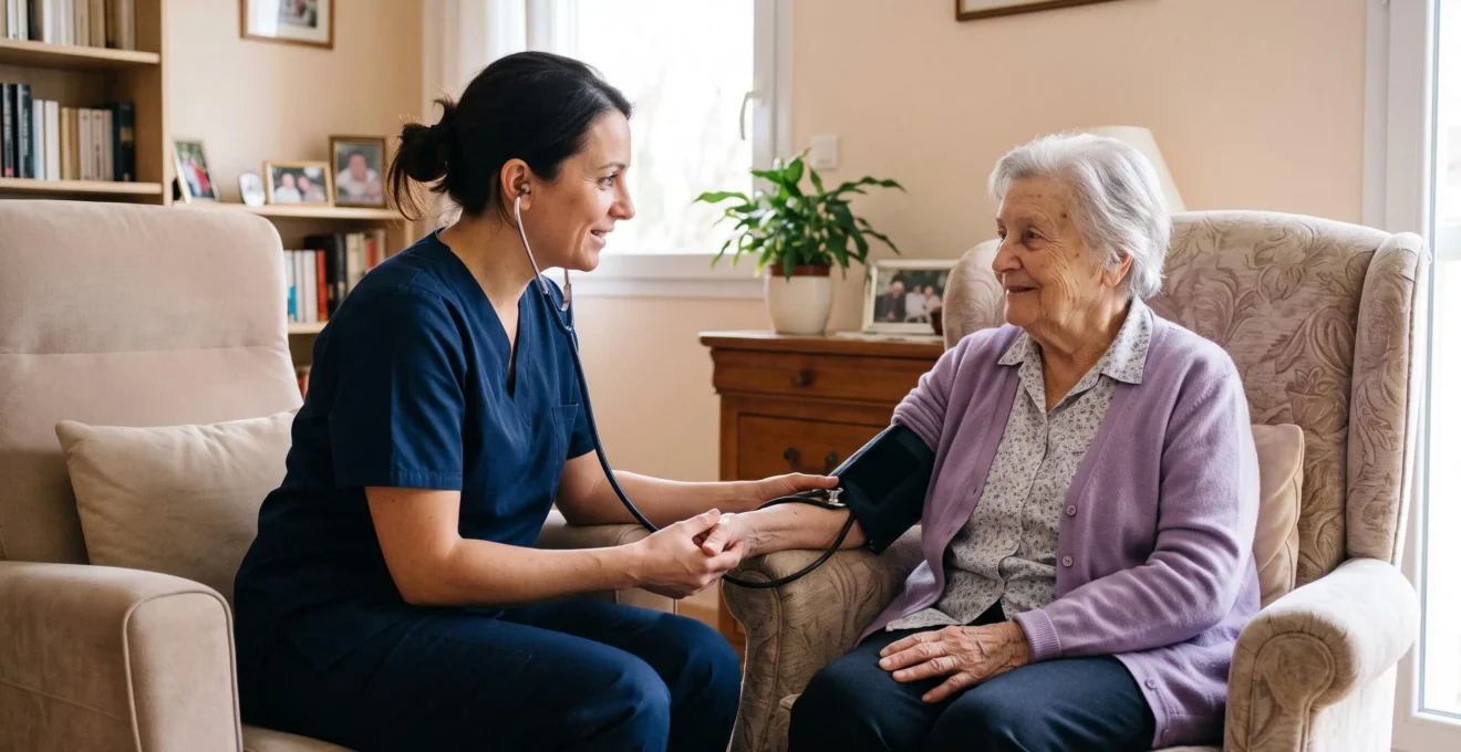 Infirmière prenant la tension d'une résidente senior dans une chambre lumineuse et chaleureuse d'une résidence médicalisée