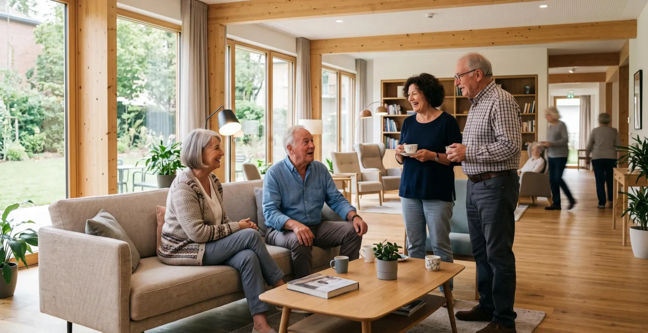 Seniors autonomes conversant dans le salon lumineux et moderne d'une résidence médicalisée française, avec de grandes fenêtres et un mobilier contemporain chaleureux