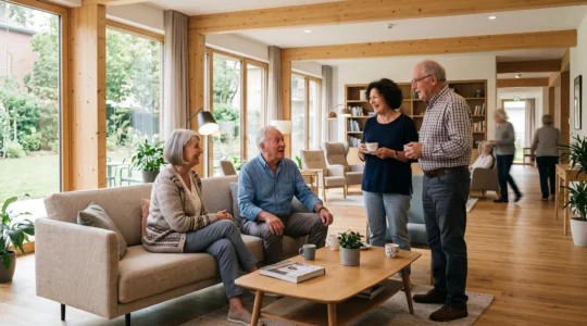 Seniors autonomes conversant dans le salon lumineux et moderne d'une résidence médicalisée française, avec de grandes fenêtres et un mobilier contemporain chaleureux